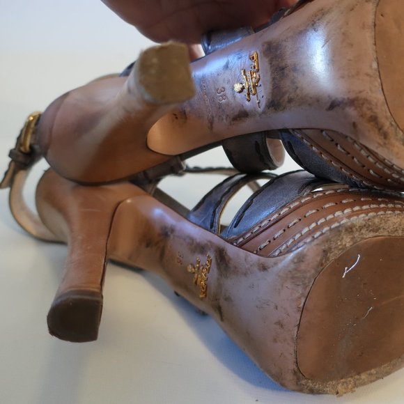 Womens Prada Gray Platform Strappy Leather Heels 38 US/8 * - Picture 10 of 16